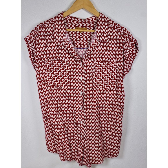 JACHS Girlfriend Womens Top Blouse Button Up Red White Patterned Size L - Picture 1 of 8